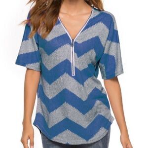 NWOT Women Color Block Zipper V-Neck Short Sleeve Top ,Size S